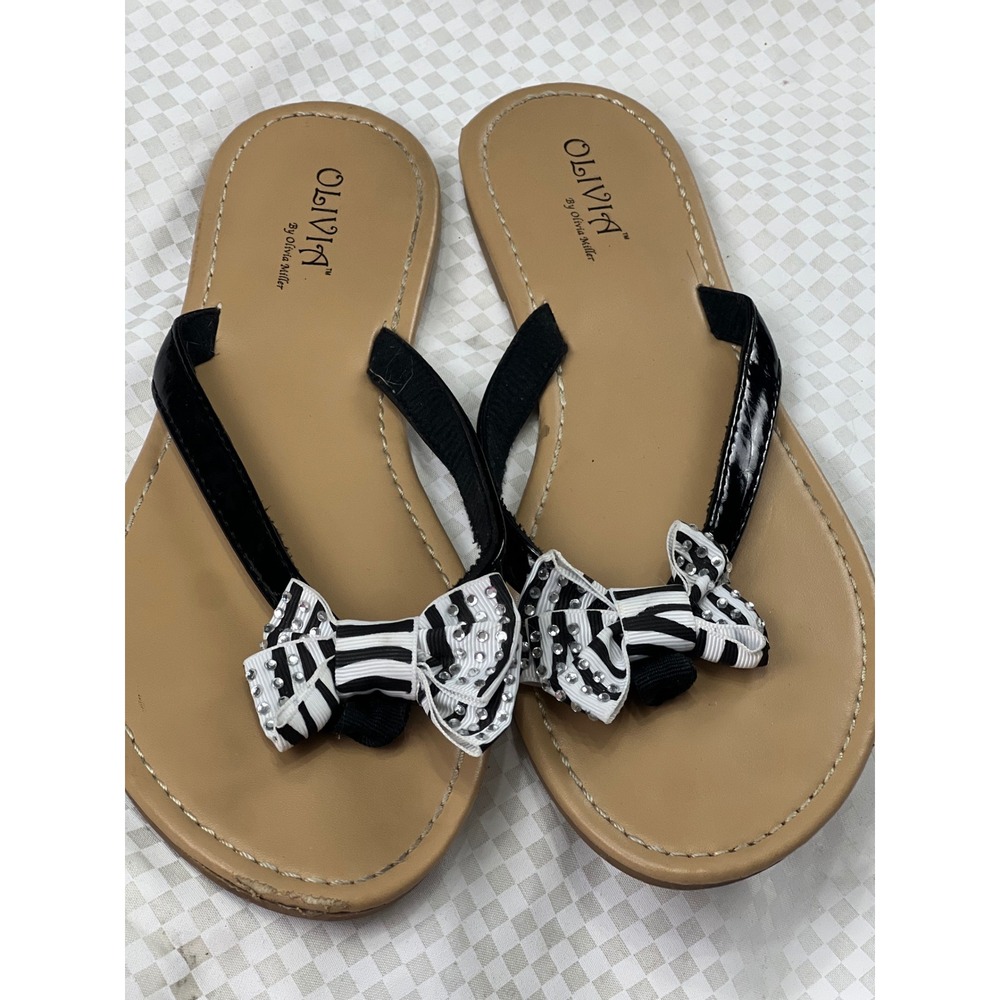 Olivia Miller Womens Flip Flop Sandals Black/White Striped‎ Bow Rhinestone 10